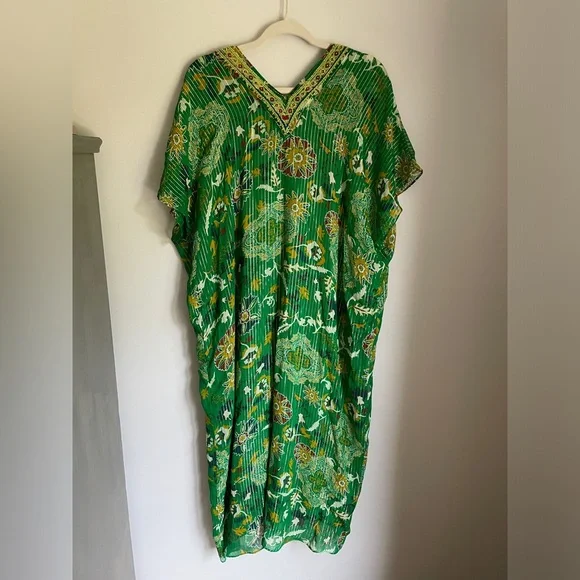ZARA Printed Shimmery Midi Kaftan Dress in Kelly Green Women’s Size Medium NWT - Picture 7 of 13